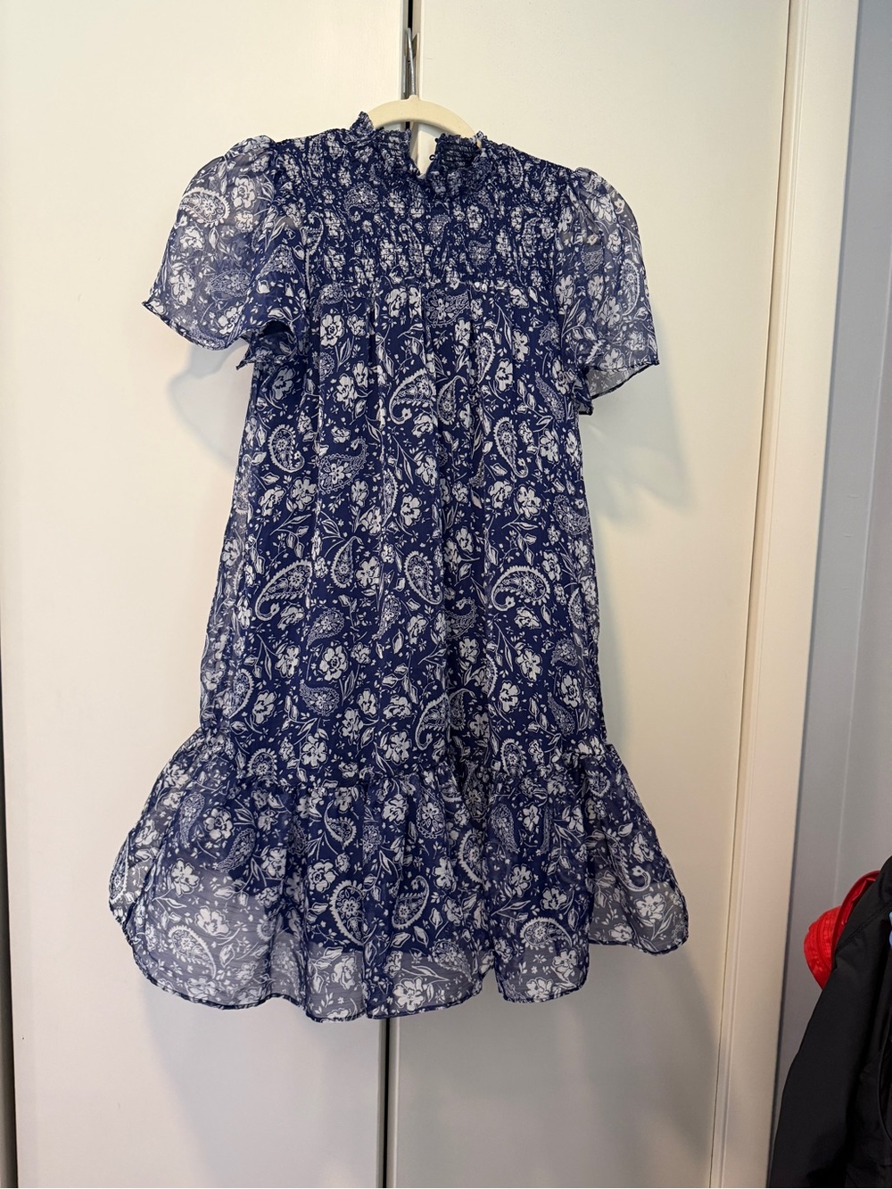 Aqua Navy and White Paisley Smocked Mini Dress